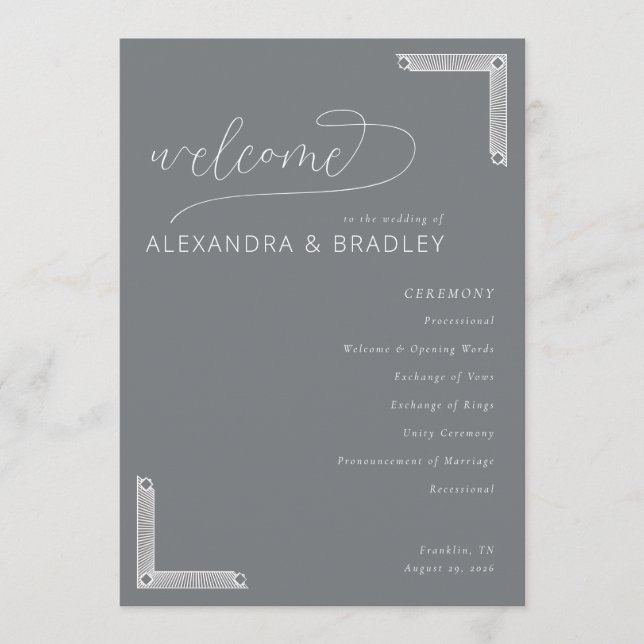 Sophisticated Gray Wedding Ceremony Schedule Programme (Front)