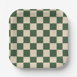 Sophisticated Green and Cream Chequered Pattern Paper Plate