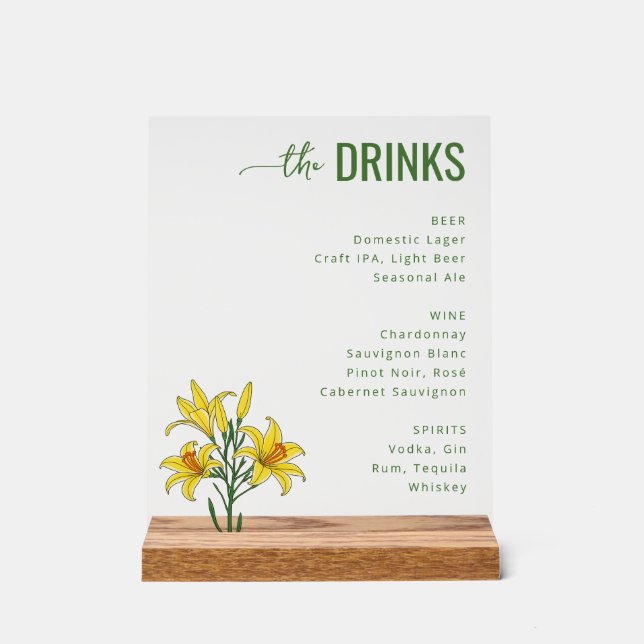 Sophisticated Green Floral Beverage Menu Acrylic Sign (Front)