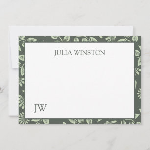 Sophisticated Green Floral Name Initials Note Card