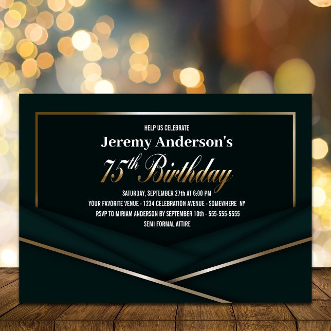 Sophisticated Green Gold 75th Birthday Party Invitation (Creator Uploaded)