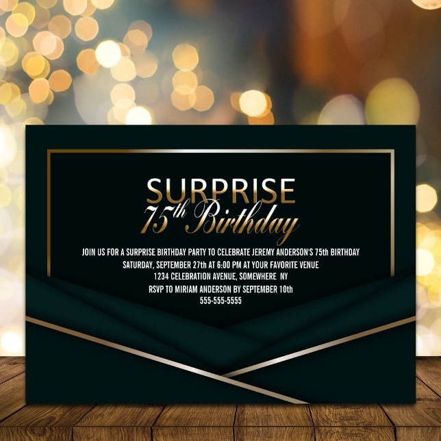 Sophisticated Green Gold 75th Surprise Birthday Invitation (Creator Uploaded)