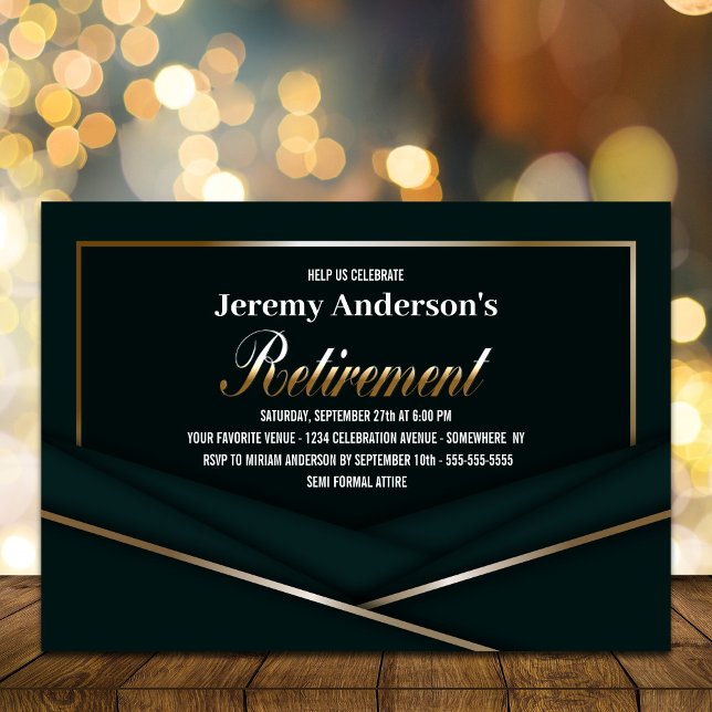 Sophisticated Green Gold Retirement Party Invitation (Creator Uploaded)