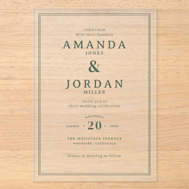 Sophisticated Green Minimalist Wedding Invitation (Front)