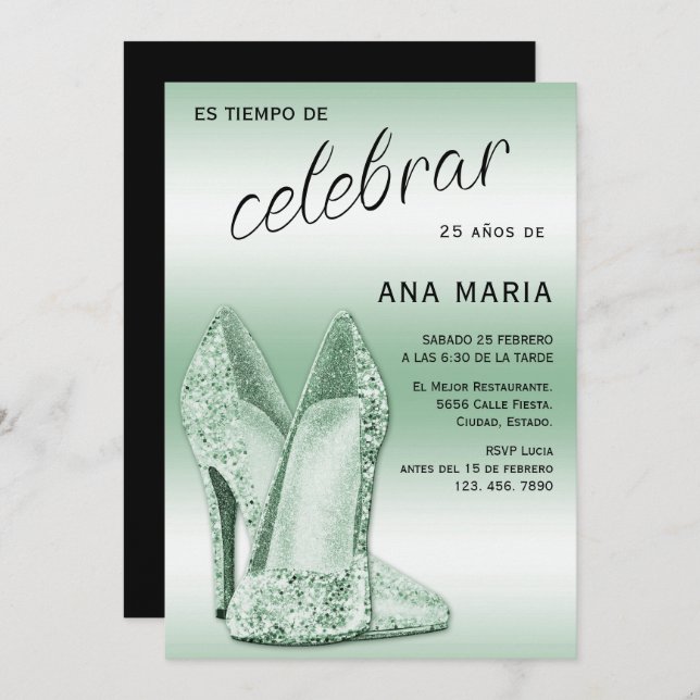 Sophisticated Green Spanish Feminine Birthday  Invitation (Front/Back)