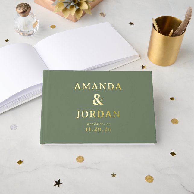 Sophisticated Green Star Confetti Guest Book (Front Open)