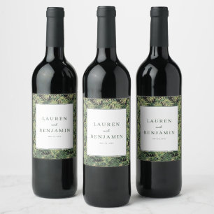 Sophisticated Green Tropical Leaves Wine Label