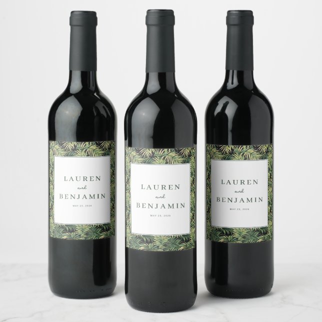 Sophisticated Green Tropical Leaves Wine Label (Bottles)