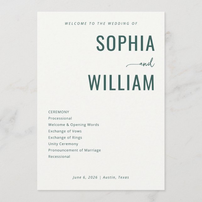 Sophisticated Green Wedding Ceremony Programme (Front)