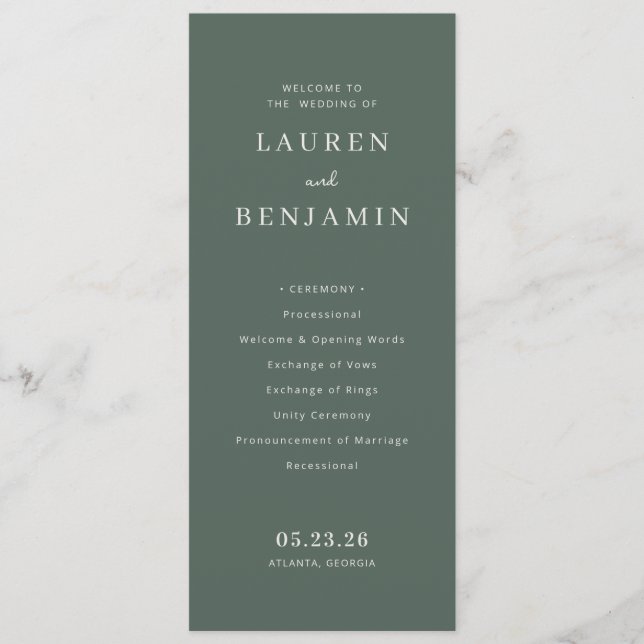 Sophisticated Green Wedding Ceremony Programme (Front)