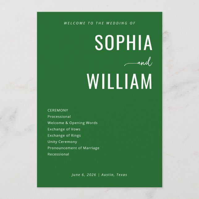 Sophisticated Green Wedding Ceremony Schedule Programme (Front)