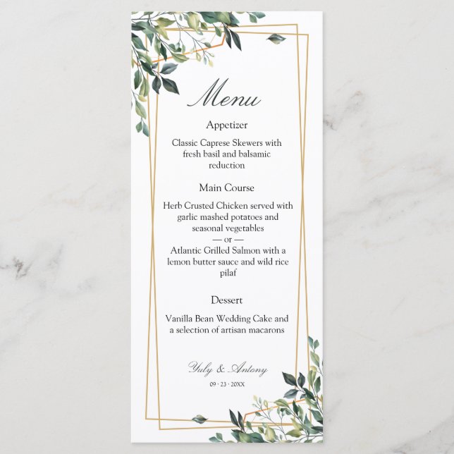 Sophisticated Greenery Printed Gold Dinner Menu (Front)