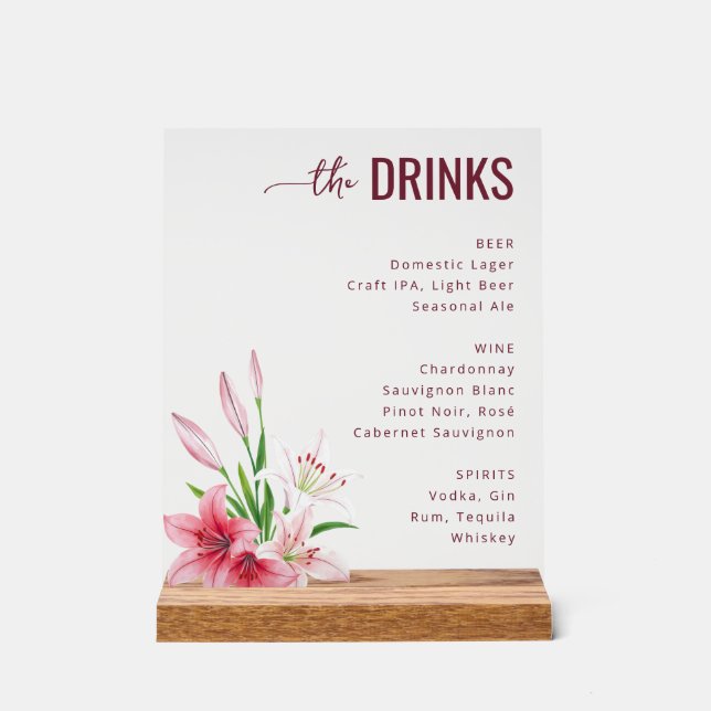 Sophisticated Grey Floral Beverage Menu Acrylic Sign (Front)