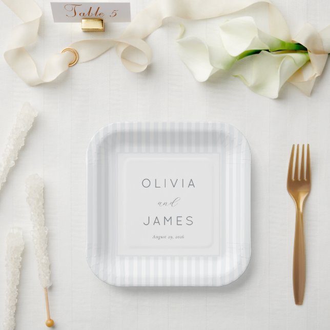 Sophisticated Grey Stripes Paper Plate (Wedding)