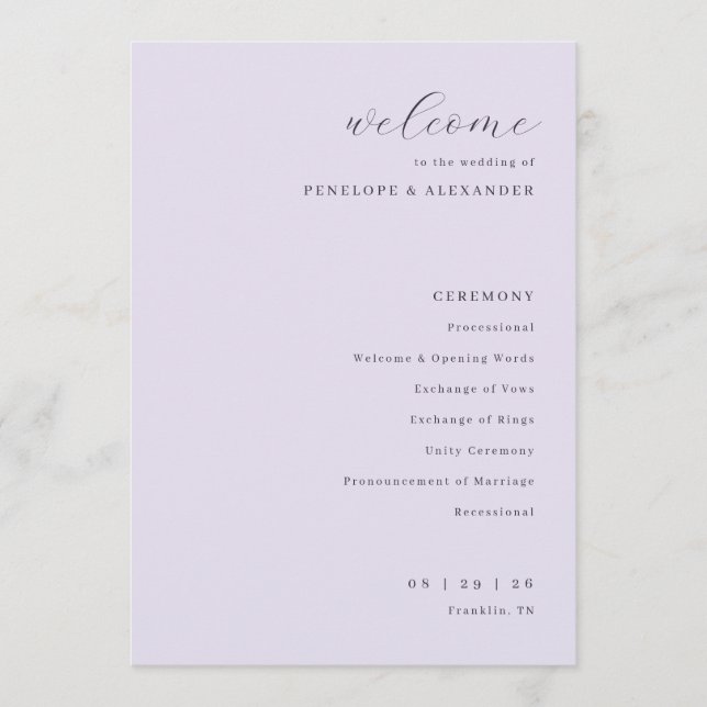 Sophisticated Lavender Wedding Ceremony Schedule Programme (Front)