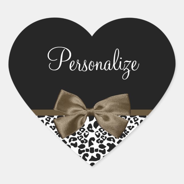 Sophisticated Leopard Print Brown Bow With Name Heart Sticker (Front)