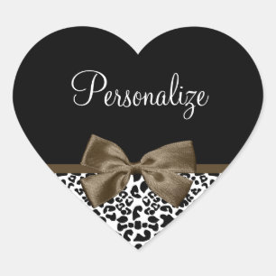 Sophisticated Leopard Print Brown Bow With Name Heart Sticker