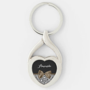 Sophisticated Leopard Print Brown Bow With Name Key Ring