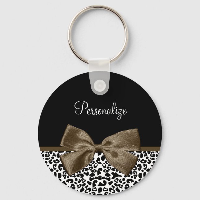 Sophisticated Leopard Print Brown Bow With Name Key Ring (Front)