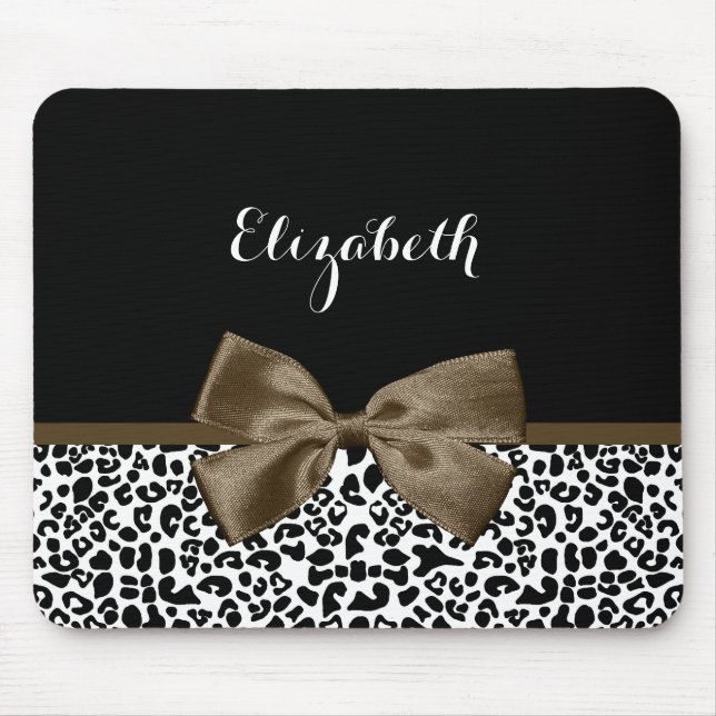 Sophisticated Leopard Print Brown Bow With Name Mouse Mat (Front)