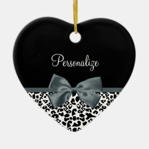 Sophisticated Leopard Print Grey Bow With Name Ceramic Tree Decoration