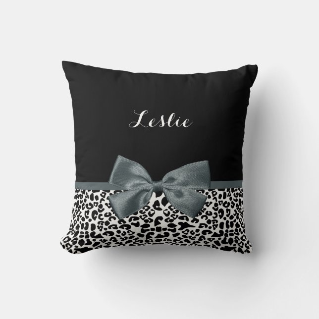 Sophisticated Leopard Print Grey Bow With Name Cushion (Front)
