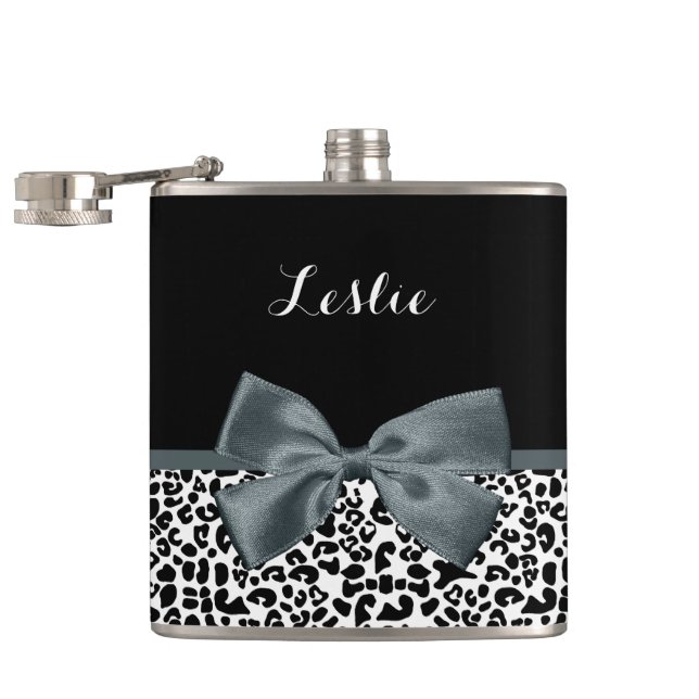 Sophisticated Leopard Print Grey Bow With Name Hip Flask (Opened)