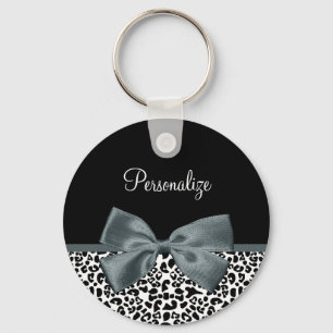Sophisticated Leopard Print Grey Bow With Name Key Ring