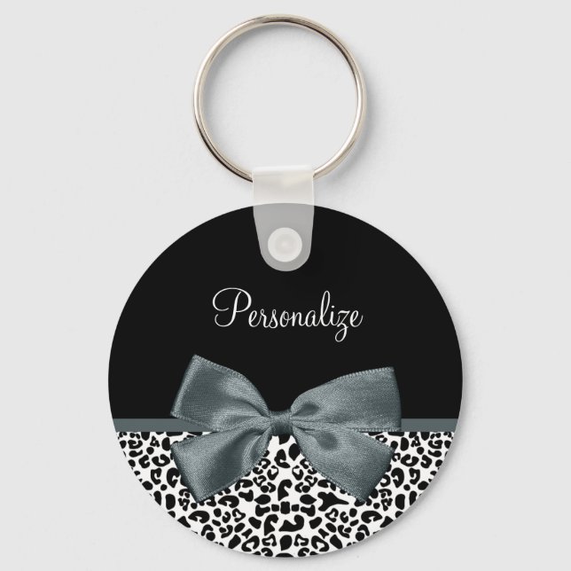 Sophisticated Leopard Print Grey Bow With Name Key Ring (Front)