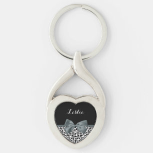 Sophisticated Leopard Print Grey Bow With Name Key Ring