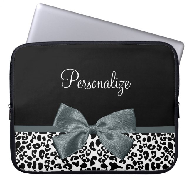 Sophisticated Leopard Print Grey Bow With Name Laptop Sleeve (Front)