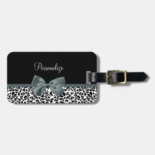 Sophisticated Leopard Print Grey Bow With Name Luggage Tag
