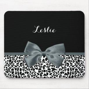 Sophisticated Leopard Print Grey Bow With Name Mouse Mat