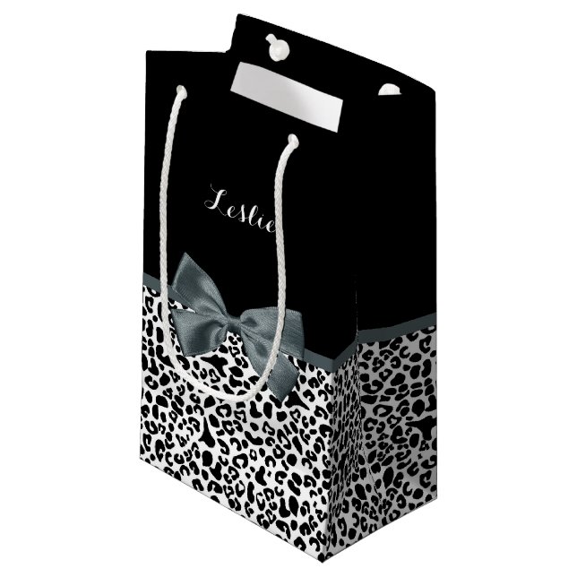 Sophisticated Leopard Print Grey Bow With Name Small Gift Bag (Front Angled)