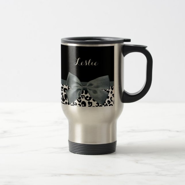 Sophisticated Leopard Print Grey Bow With Name Travel Mug (Right)