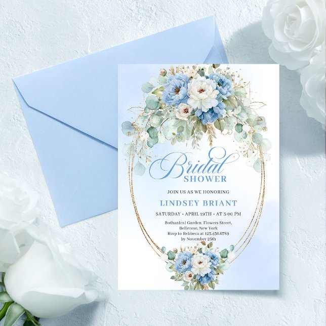 Sophisticated Light Blue Floral Gold Bridal Shower Invitation (Sophisticated Light Blue Floral Gold Bridal Shower)