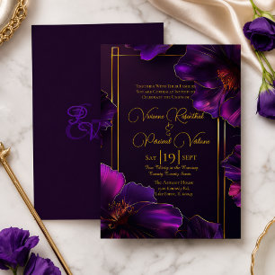 Sophisticated Luminous Violets Purple Gold Wedding Invitation