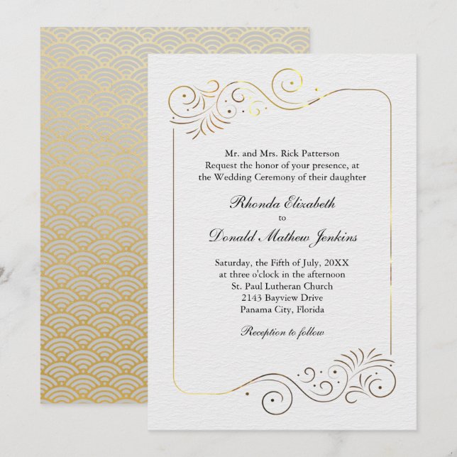 Sophisticated Luxurious Gold Flourish Wedding Invitation (Front/Back)
