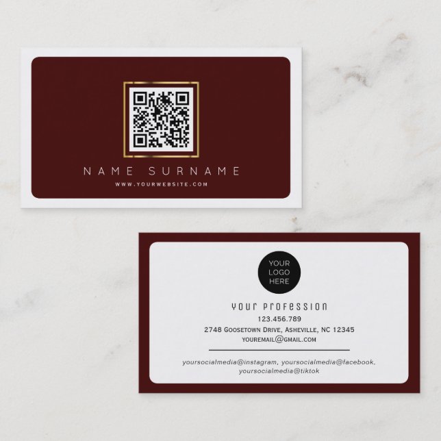 Sophisticated maroon scannable barcode qr code business card (Front/Back)