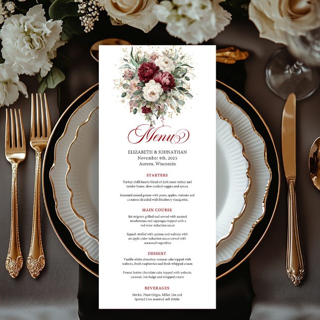 Sophisticated Marsala Boho Floral Gold Menu Card (Sophisticated Marsala Boho Floral Gold Menu Card)