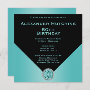 Sophisticated Masculine Black & Aqua Birthday Invitation