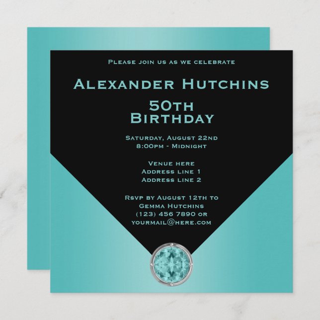 Sophisticated Masculine Black & Aqua Birthday Invitation (Front/Back)