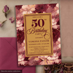 Sophisticated merlot blush gold floral birthday  invitation