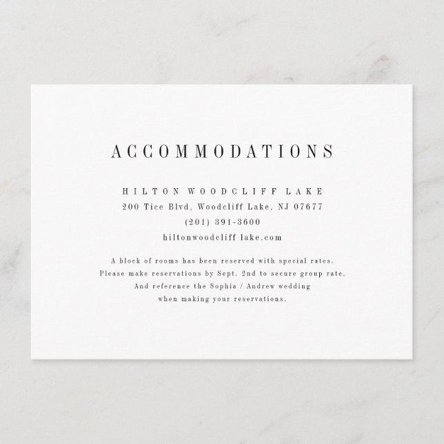 Sophisticated minimalist wedding accommodations enclosure card (Front)