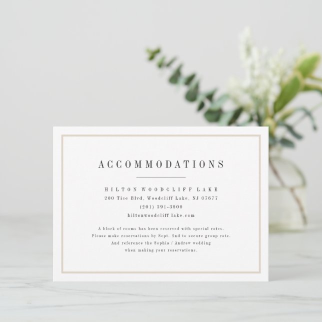 Sophisticated minimalist wedding accommodations enclosure card (Standing Front)