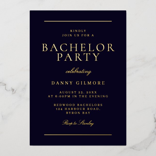 Sophisticated Modern Bachelor Party  Black & Gold  (Front)