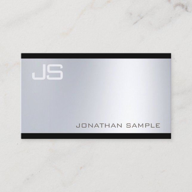 Sophisticated Modern Monogram Glamour Silver Look Business Card (Front)