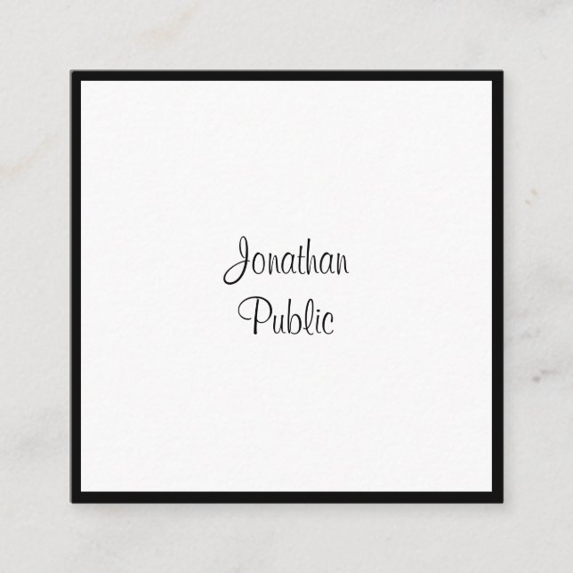 Sophisticated Modern Script Black And White Cool Square Business Card (Front)