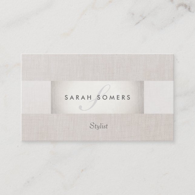 Sophisticated Modern Silver and Linen Monogrammed Business Card (Front)