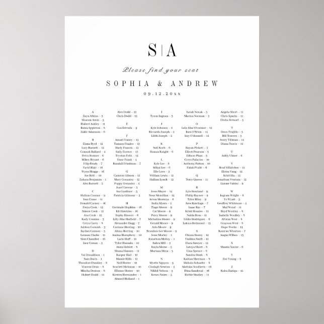 Sophisticated monogram alphabetical seating charts (Front)